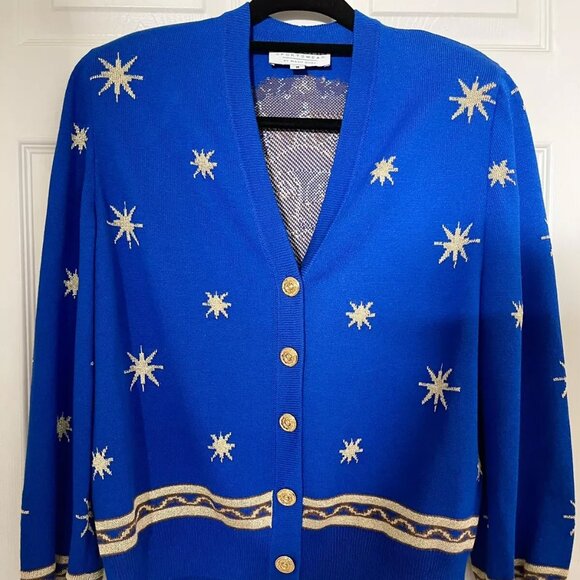 St. John Santana Knit Royal Blue Gold Embroidered Sweater Blazer Cardigan Sz M - Picture 1 of 7